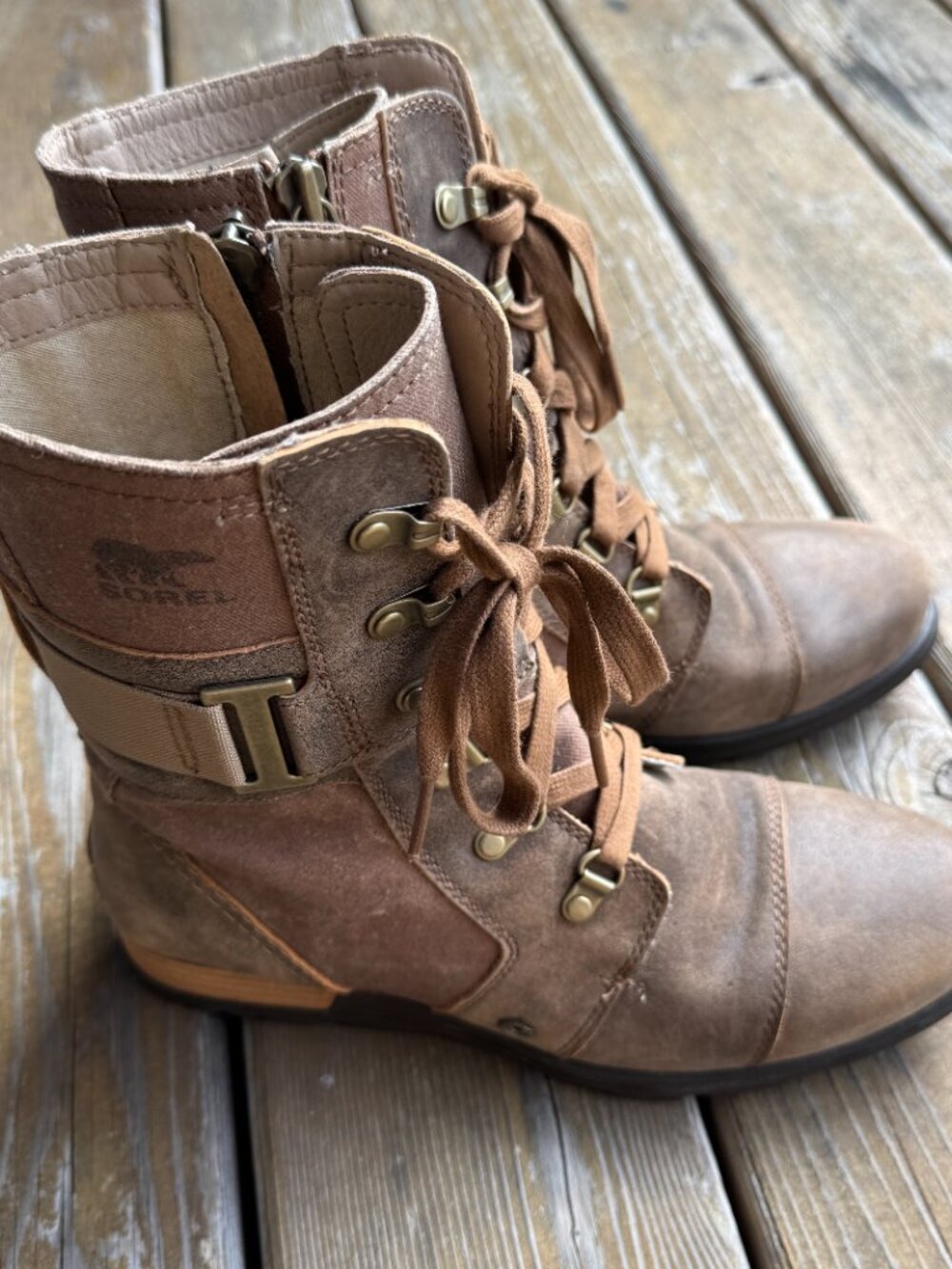 Sorel Major Carly Brown Leather & Canvas Lace Up Side Zip Combat Boots Womens 9 - Picture 2 of 16